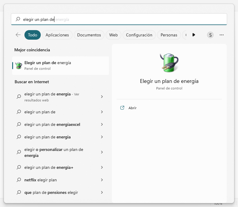 Elegir un plan de energía para desactivar el inicio rápido de Windows.