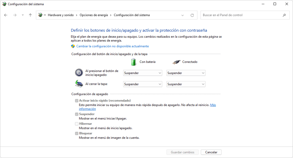 Desactivamos la opción de "Activar inicio rápido (recomendado)".