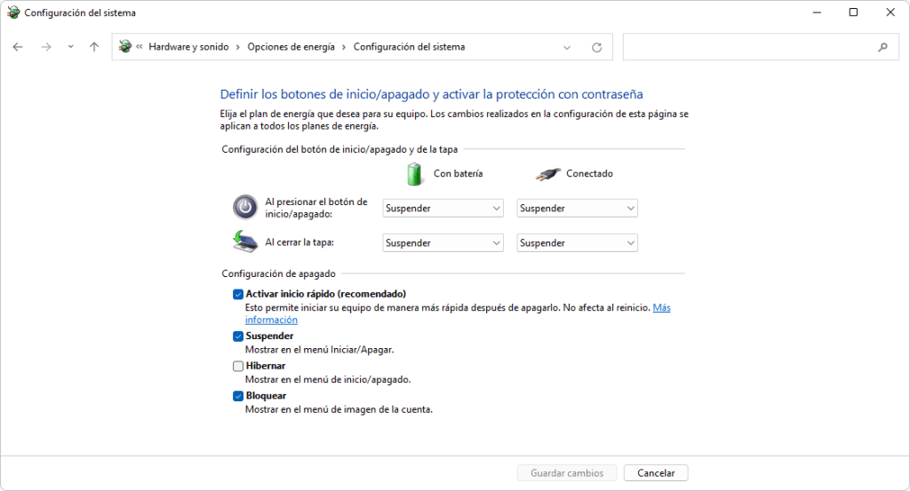 Desactivamos la opción de "Activar inicio rápido (recomendado)".