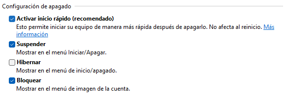 Desactivamos la opción de "Activar inicio rápido (recomendado)".