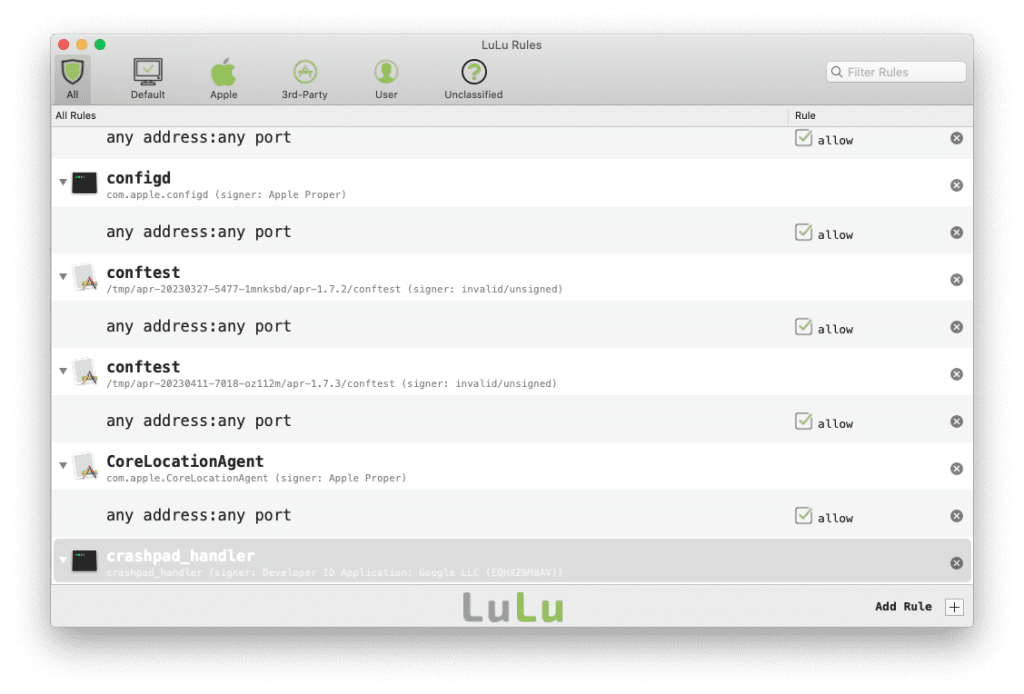 Reglas de transporte de LuLu Firewall.