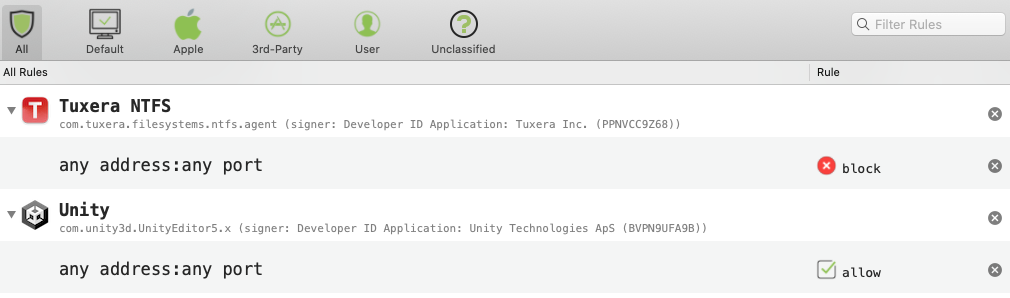 Reglas de transporte de LuLu Firewall.