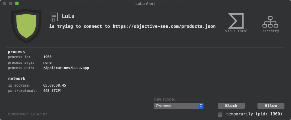 Reglas de transporte de LuLu Firewall.